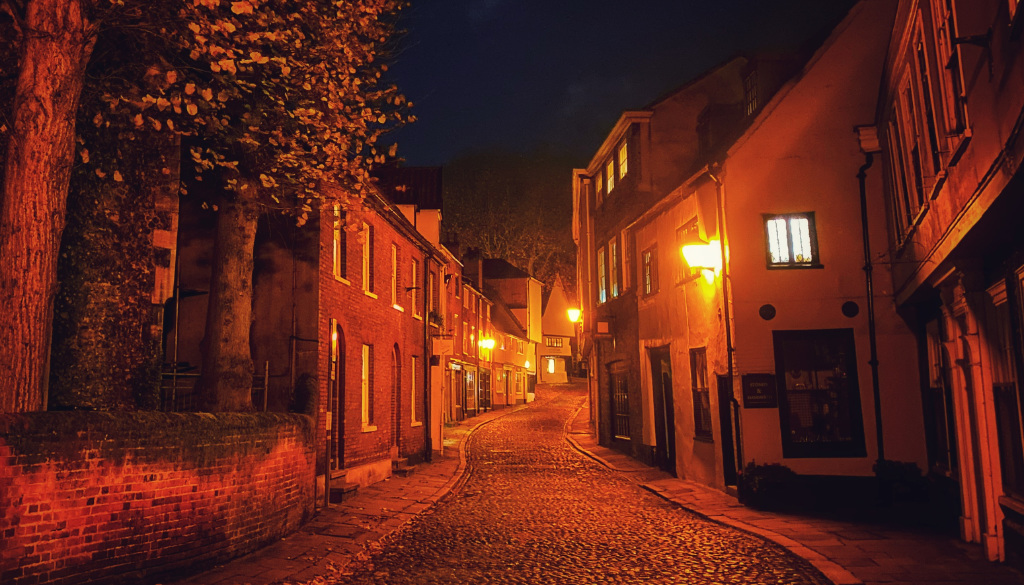 A curved, enlightened road among houses leading up.