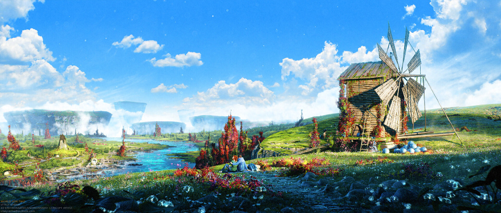 An art piece with two people sitting amid a hopeful, dreamlike landscape.