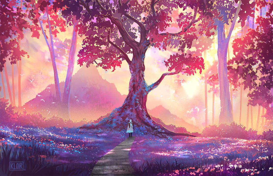 A person standing at an end of a path, in front of a majestic tree.