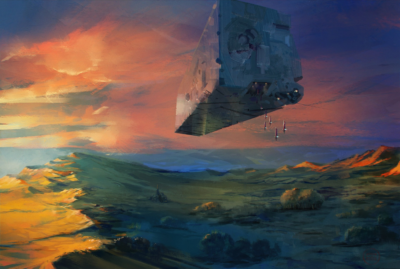 An art piece showing a block of concrete flying above land on an alien planet.