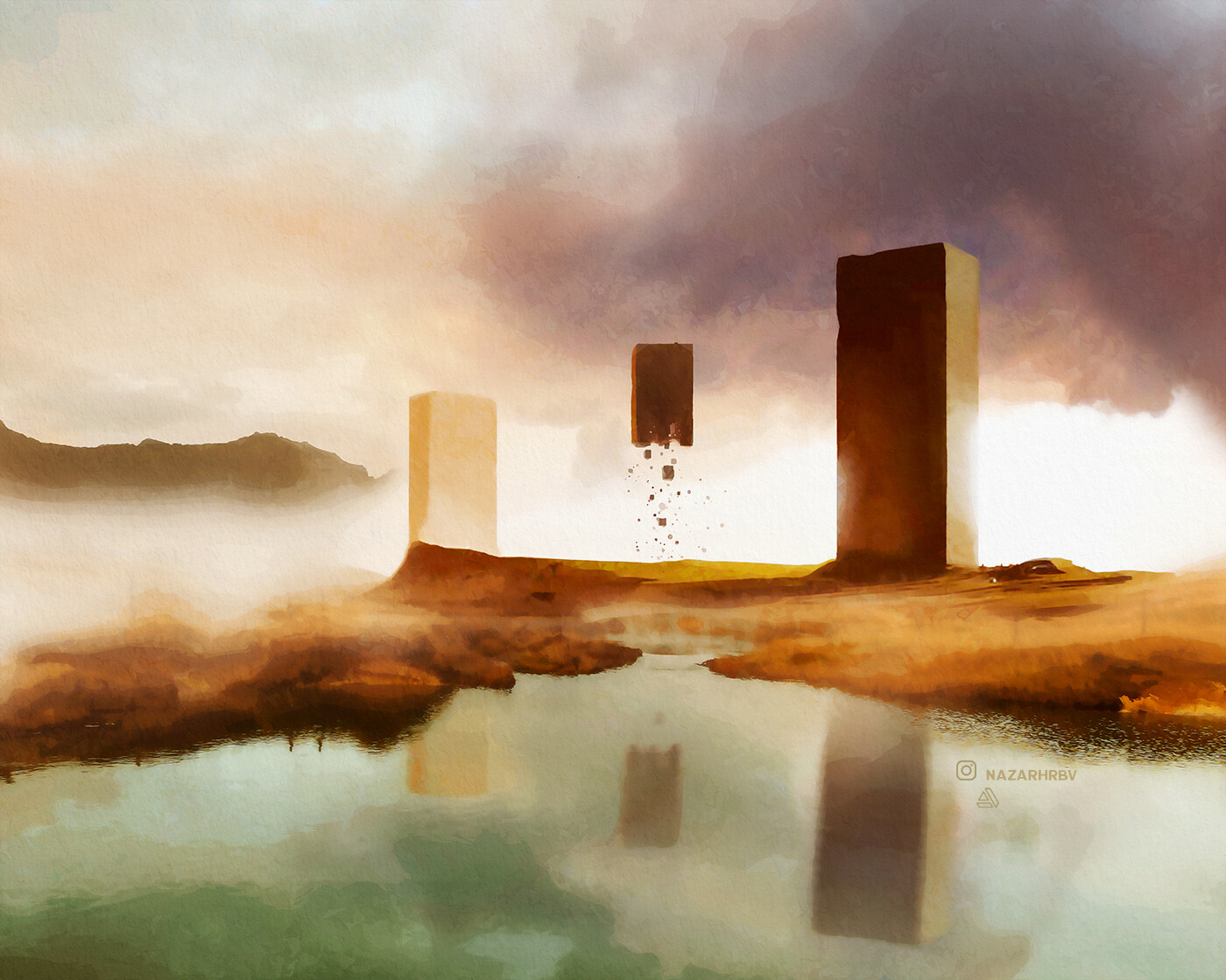 An art piece showing three monolithic structures, and one of them seems to be taking off.