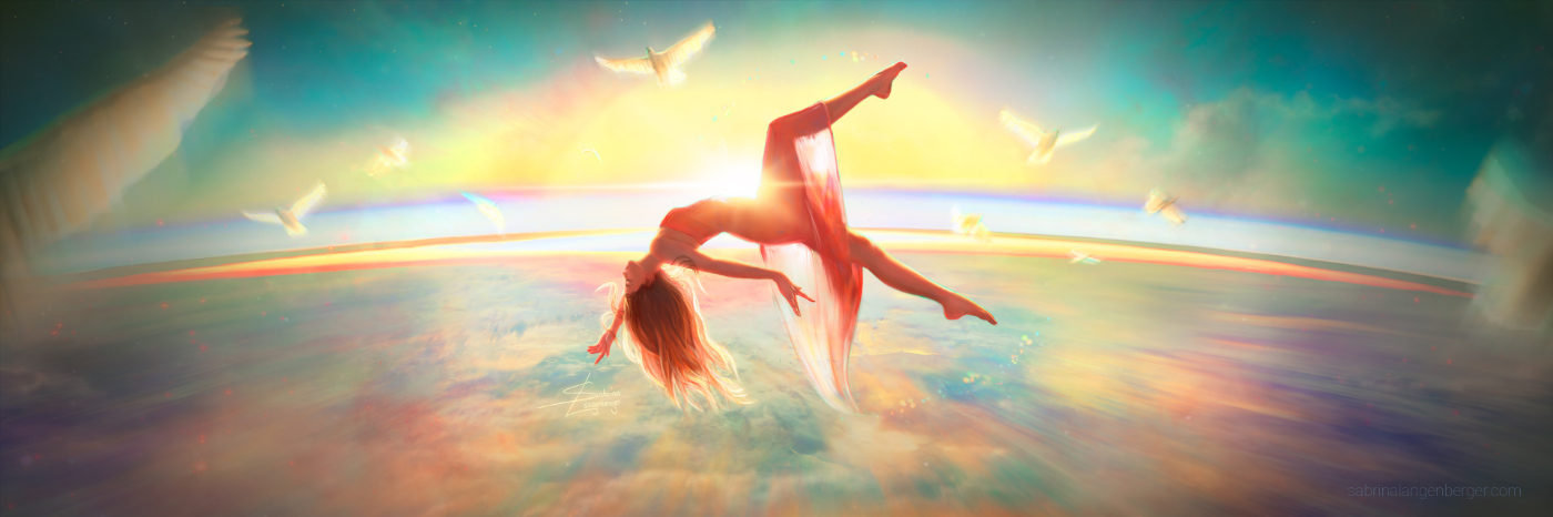 An art piece showing a woman floating above colorful clouds.