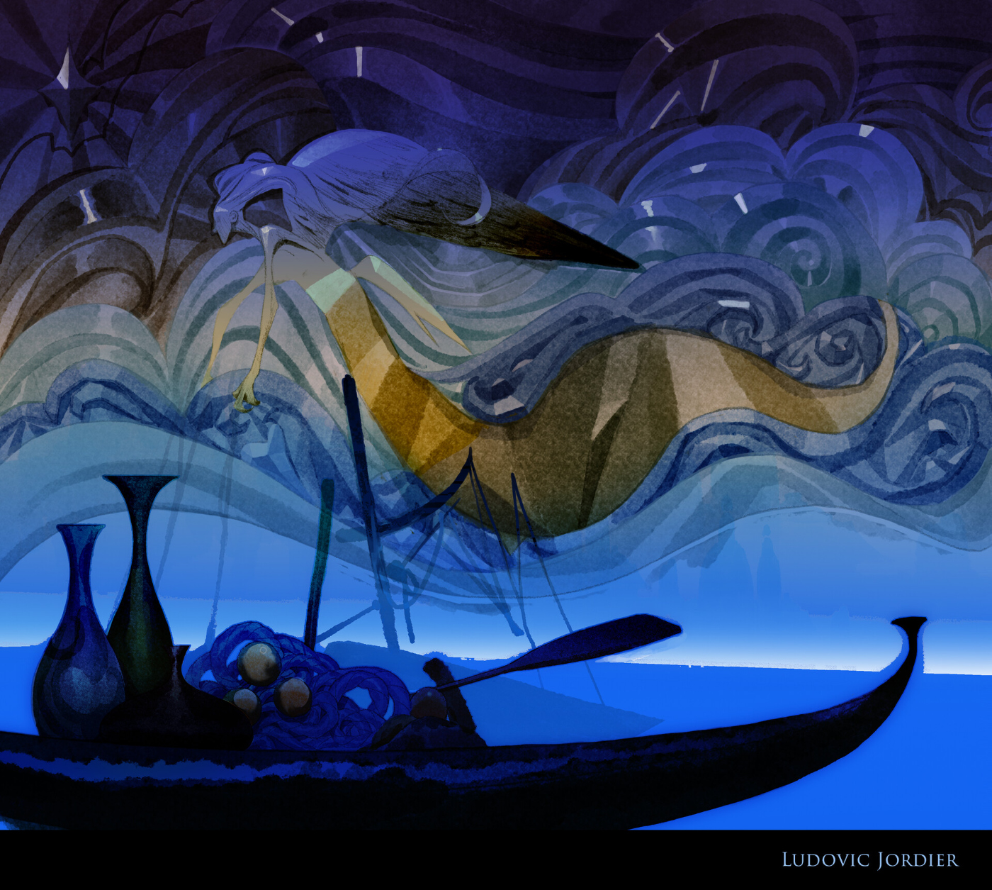 An art piece in an impressionistic style depicting a person in a canoe under a mystic, starry sky.