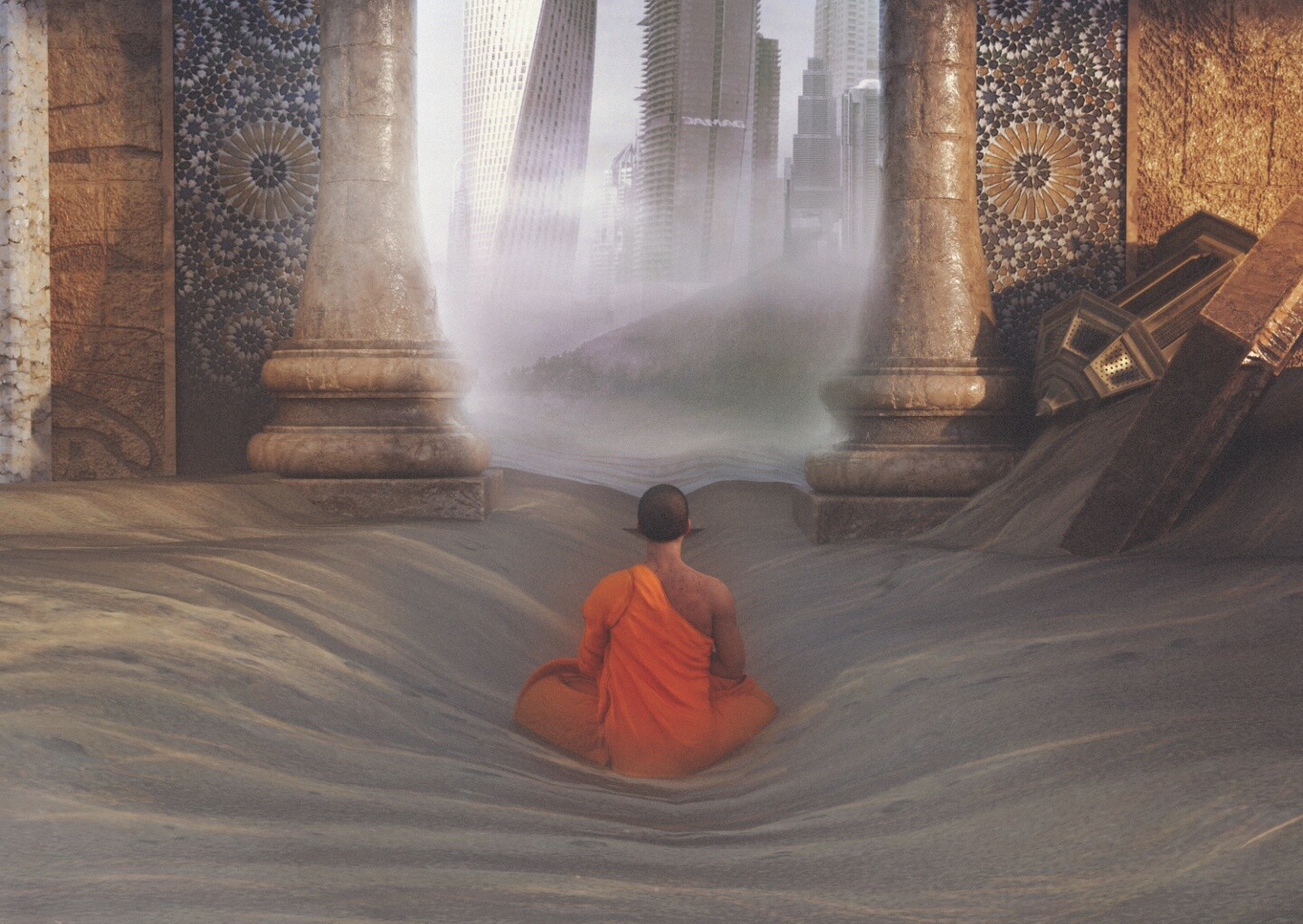 An art piece of a monk meditating in a temple with skyscrapers outside in the distance.