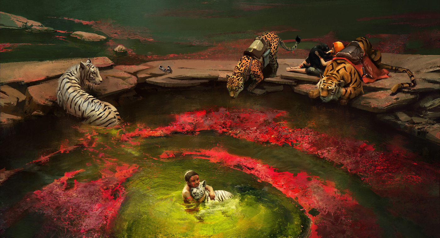 An art piece showing several tigers drinking at a watering hole, with one child hugging a white tiger in the middle of the pond.